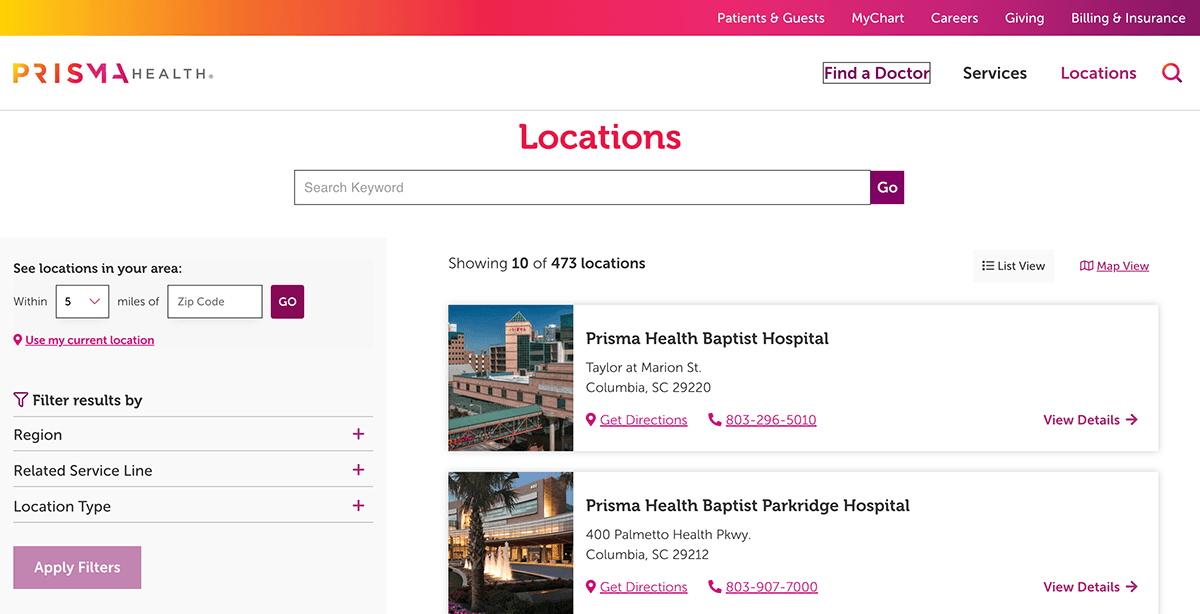Screenshot of Prisma Health's Locations page, showing filtering options on the left side of the screen, with a listing of locations, including photo of the facility, get directions buttons and phone number links.