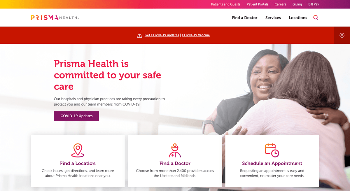 Screenshot of the Prisma Health homepage, showing key navigation including Find a Doctor, Find a Location, and Schedule an Appointment.