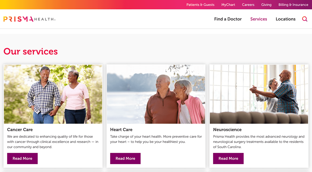 Screenshot of Prisma's "Our services" page showing Cancer Care, Heart Care, and Neuroscience.