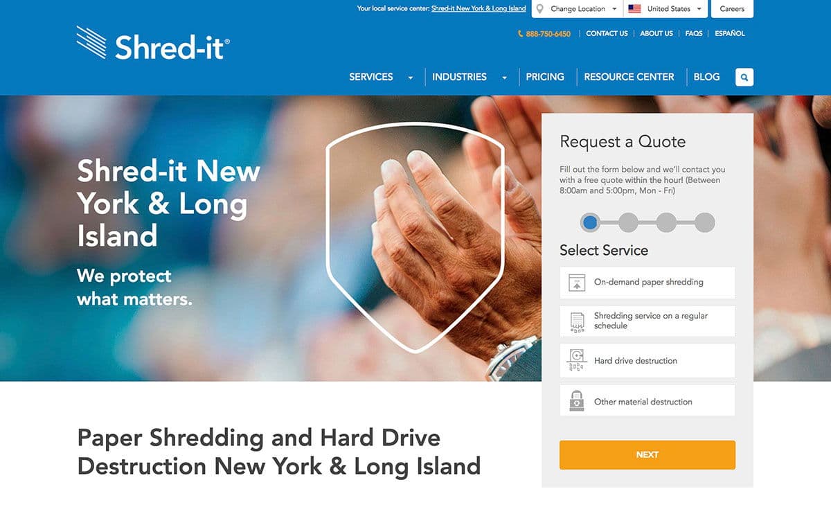 Shred It Desktop Request a Quote Form on Home Screen