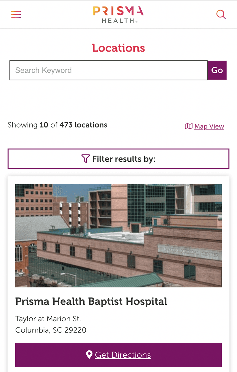 Screenshot of Prisma Health's locations as viewed on mobile, showing a picture of Prisma Health Baptist Hospital, along with its address and a "Get Directions" button.