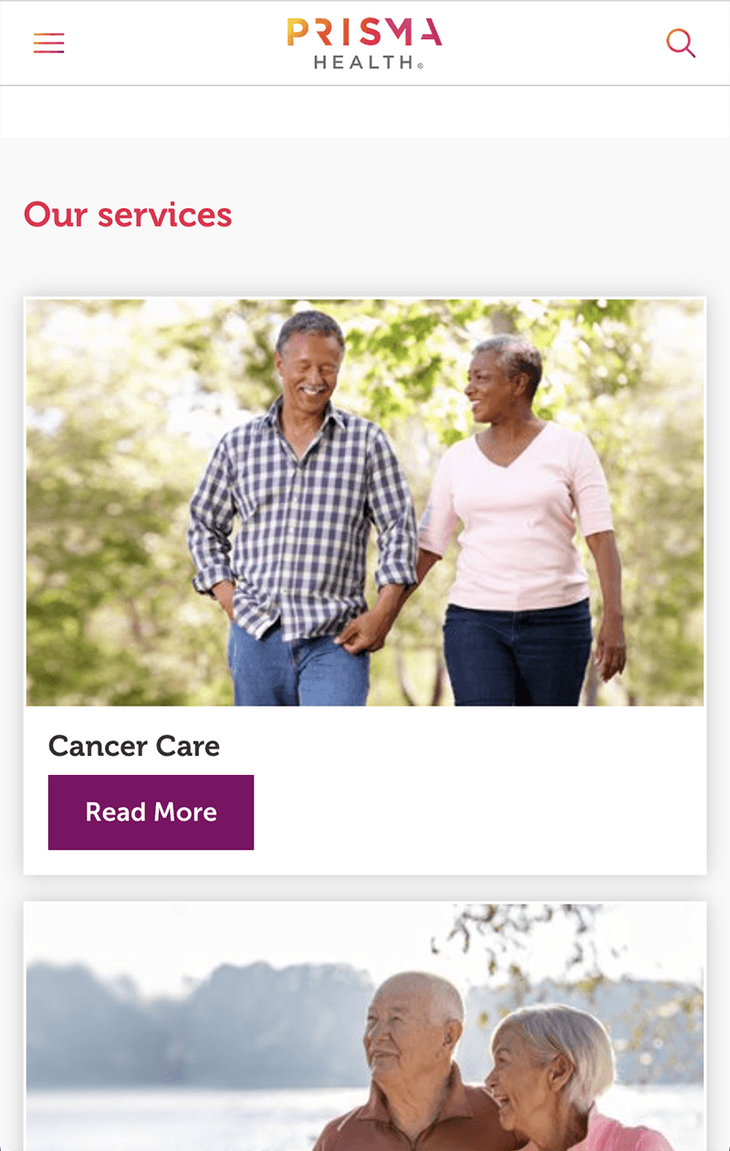 Screenshot of Prisma Health's mobile view of "Our Services" showing Cancer Care with a "Read More" button.