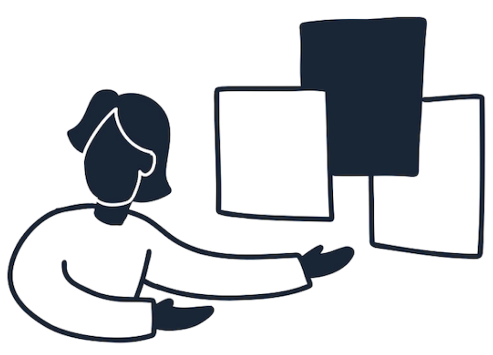 alt="Woman gesturing towards work examples"