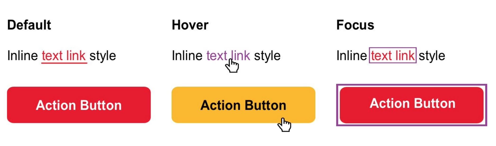 Default, hover, and focus state examples for a text link and button-style link.