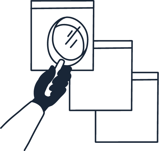 A hand with a magnifying glass searching web pages for information