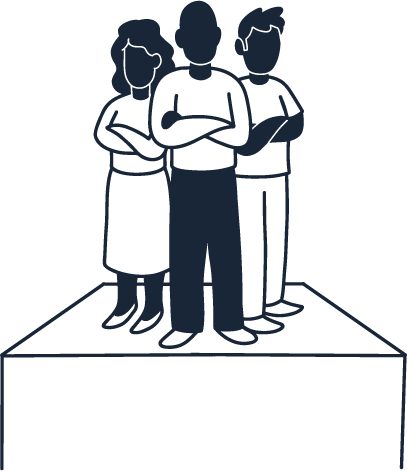 Three people standing on a platform with their arms crossed.